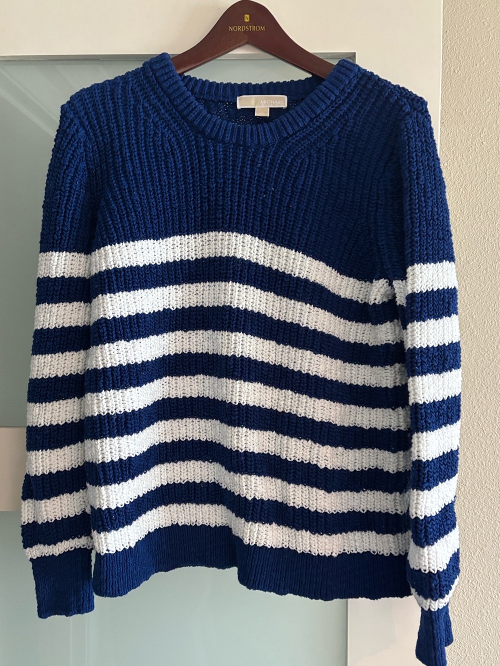 Michael Kors Navy and White Striped Crewneck Sweater